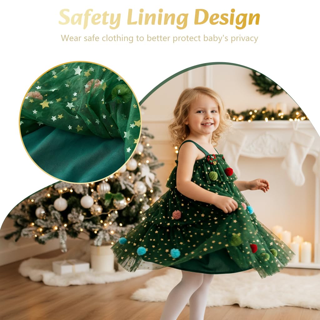 PATPAT Toddler Girls Christmas Party Dress with Tulle Layers and Gold Stars | Green 3-4 Years