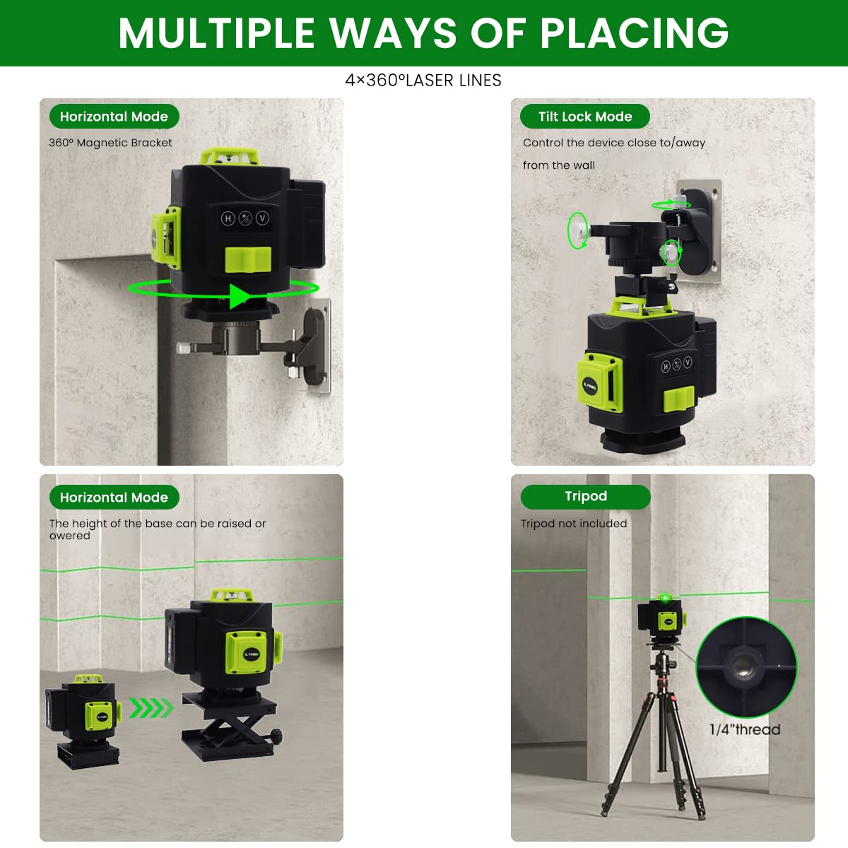 Serplex Laser Level for Indoor and Outdoor Leveling with 16 Lines 4D Green Beam | Self Leveling and Rechargeable