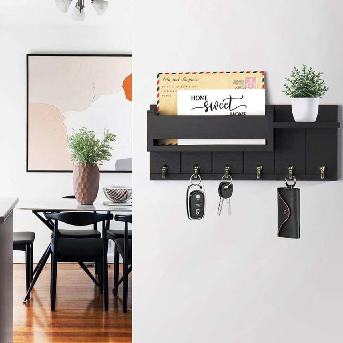 Supvox Wooden Key Holder for Home with Six Metal Hooks and Dual Shelves Black 12x4.8 in