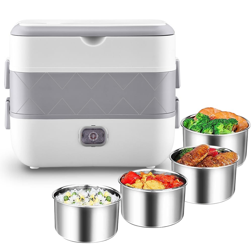 Supvox Electric Lunch Box for Home Office Travel with 4 × 500 ml Bowls and Dual Layer Heating | 304 Stainless Steel Food Warmer