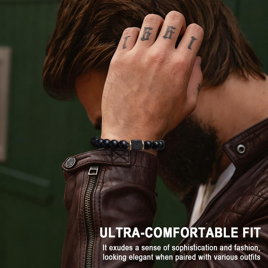 GUSTAVE Black Natural Stone Beaded Bracelet for Everyday Wear with Lava Stone Accents | Stretchy Comfort Fit and Stylish Healing Accessory