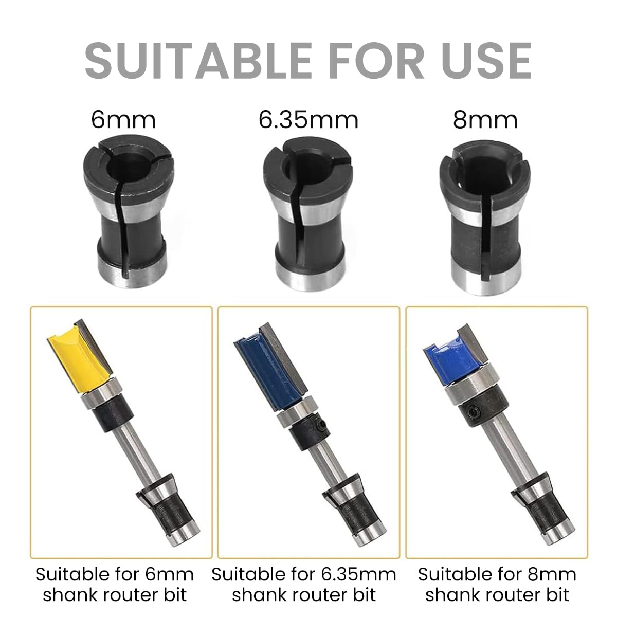 Serplex Collet Chucks Set for Wood Router Bits featuring 6Pcs 6mm 1/4in 8mm Adapters | Heat-Treated Steel