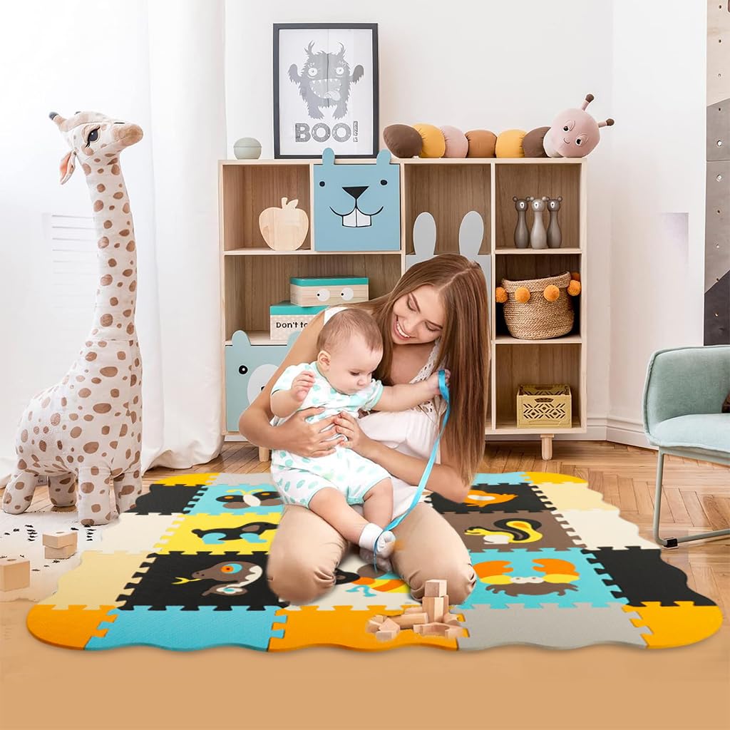 SNOWIE SOFT® Baby Play Mats Cartoon Foam Puzzle Mats Toddlers Playing Mat EVA Soft Puzzle Mat 44.8 inches Floor Foam Puzzle Mats Activity Puzzle Mats for Toddlers Age 6 Months +