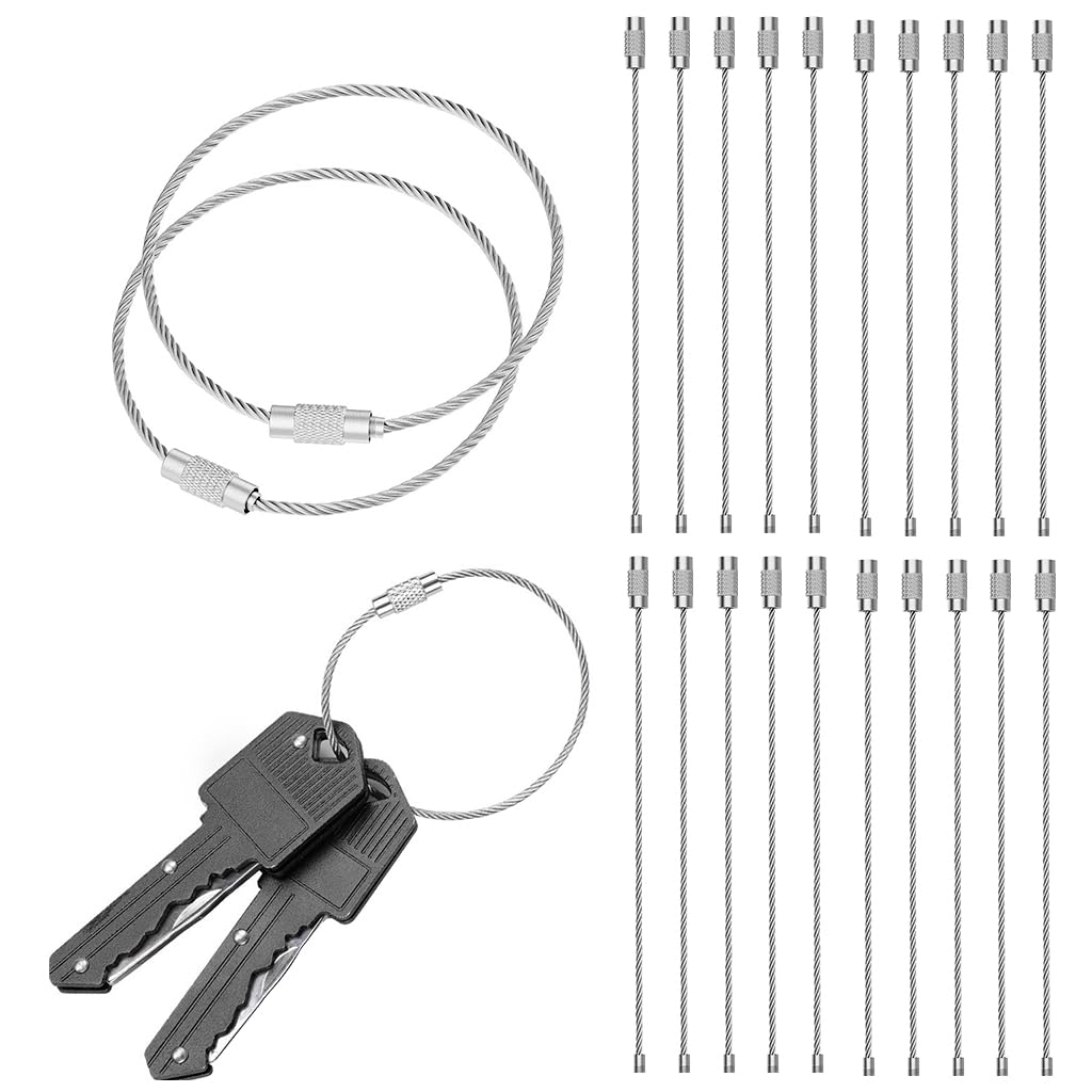 PALAY® 20Pcs Stainless Steel Keyring, 15cm Wire Rope Key Ring Cables Key Ring Loop Holder, Key Ring Loop Holder for Outdoor Hiking Heavy Duty Connectable Luggage Tag Keeper for Sport and Travel