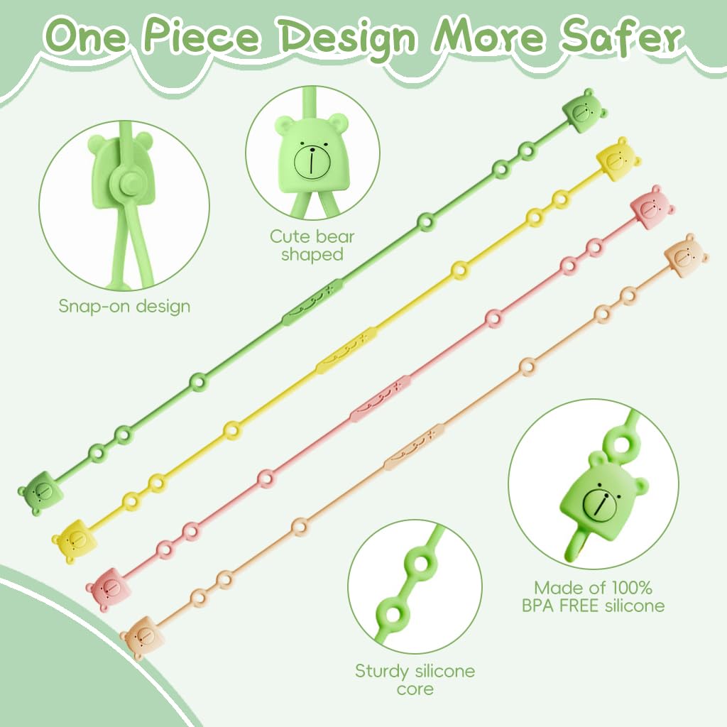 SNOWIE SOFT Baby Pacifier Straps 8pcs for Stroller and High Chair with Easy Tie‑Up Silicone | Cute Bear Anti‑Lost Chains for Travel
