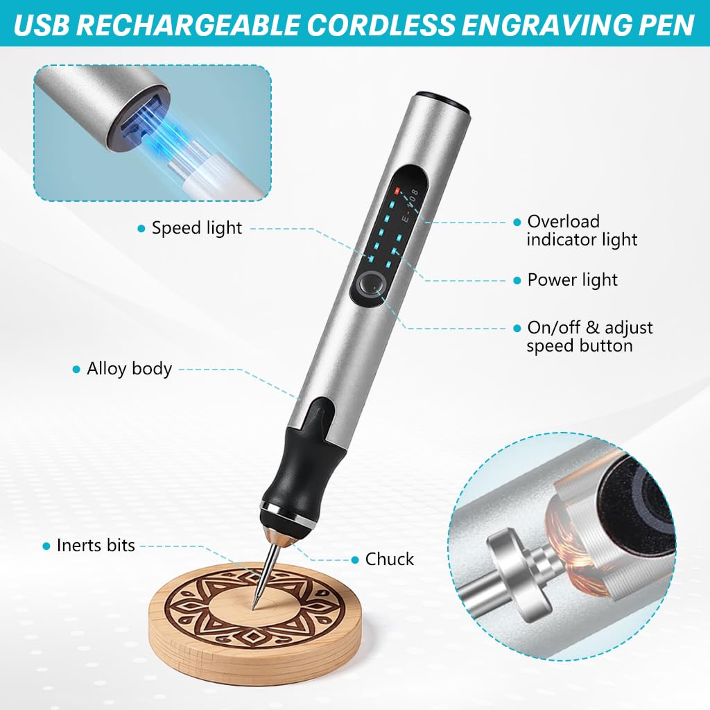 Serplex Electric Engraving Pen for DIY Crafts with 37 Bits and 3 Speed 18000 RPM Control | USB Rechargeable Rotary Tool