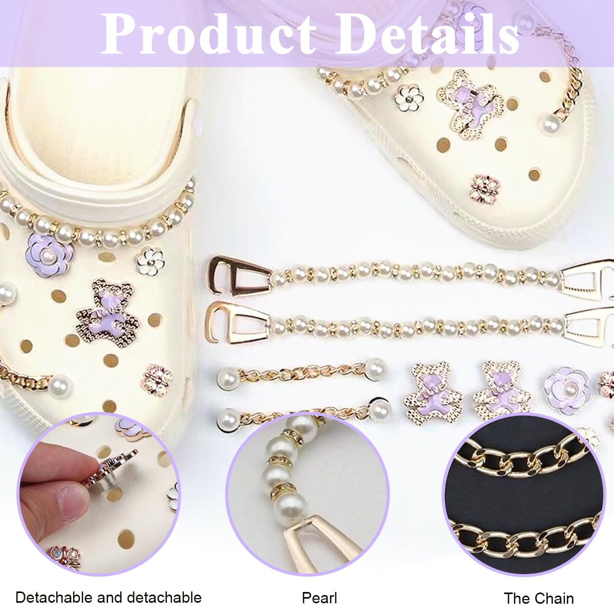 HASTHIP Shoe Charms for Clogs with 12 Zinc Alloy Pieces and Pearl Chain Designs | Women DIY Accessories
