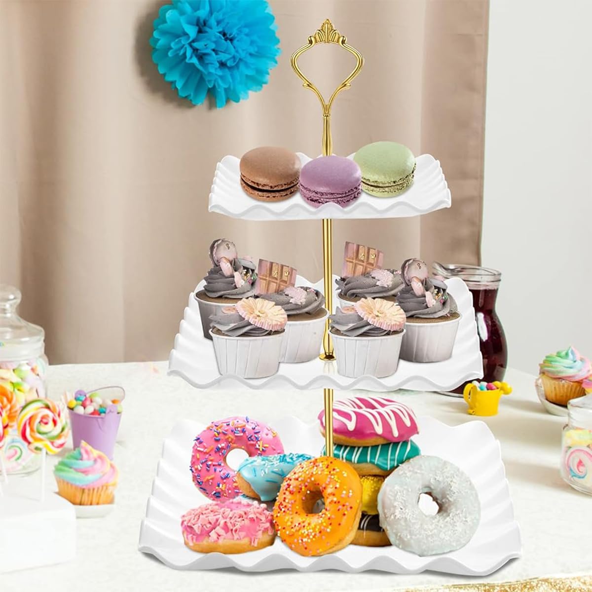 Supvox 3 Tier Cake Stand for Parties and Weddings with Lifting Handle and PP Material | 14.5 in Dessert Display