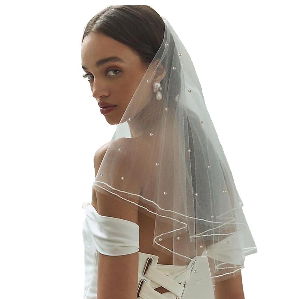 PALAY® White Short Veil Pearl Rhinestone Bride Veils Bridal Veils Bachelorette Party Veil for Brides and Women