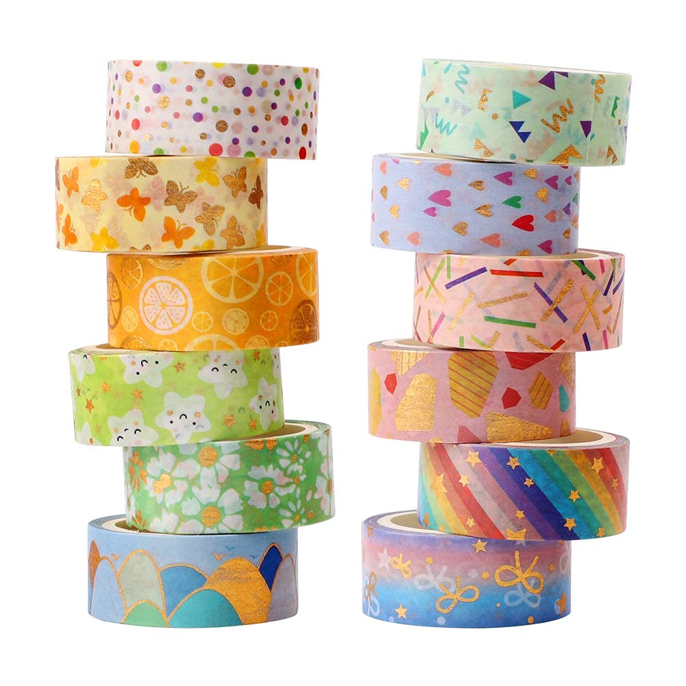 HASTHIP 12 Rolls Cute Gold Foil Flower Decorative Masking Tape Scrapbooking Tape for DIY Art & Crafts and Gift Wrapping Holiday Decoration (Yellow)