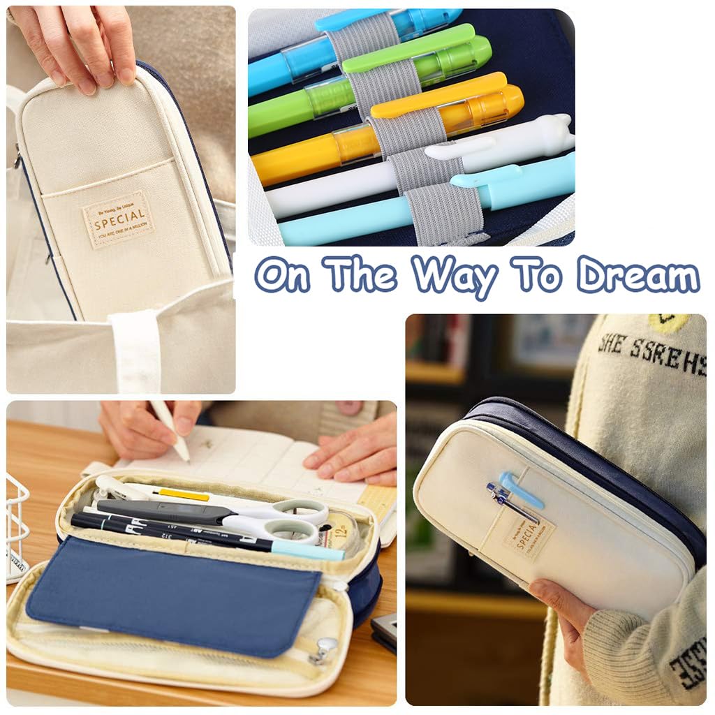 HASTHIP Pencil Pouch for School and Office with Double Zipper Compartments 22x11 cm | Navy Blue Nylon Case