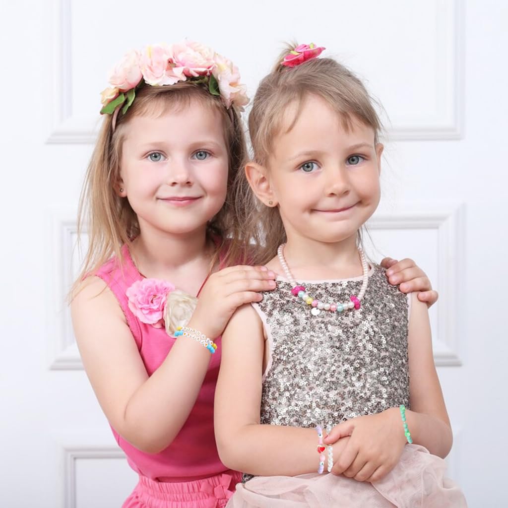 SANNIDHI Colorful Beaded Bracelets Set for Girls with Flower Heart and Rainbow Charms | 7 Pcs Elastic Acrylic Jewelry Gift for Ages 6–12