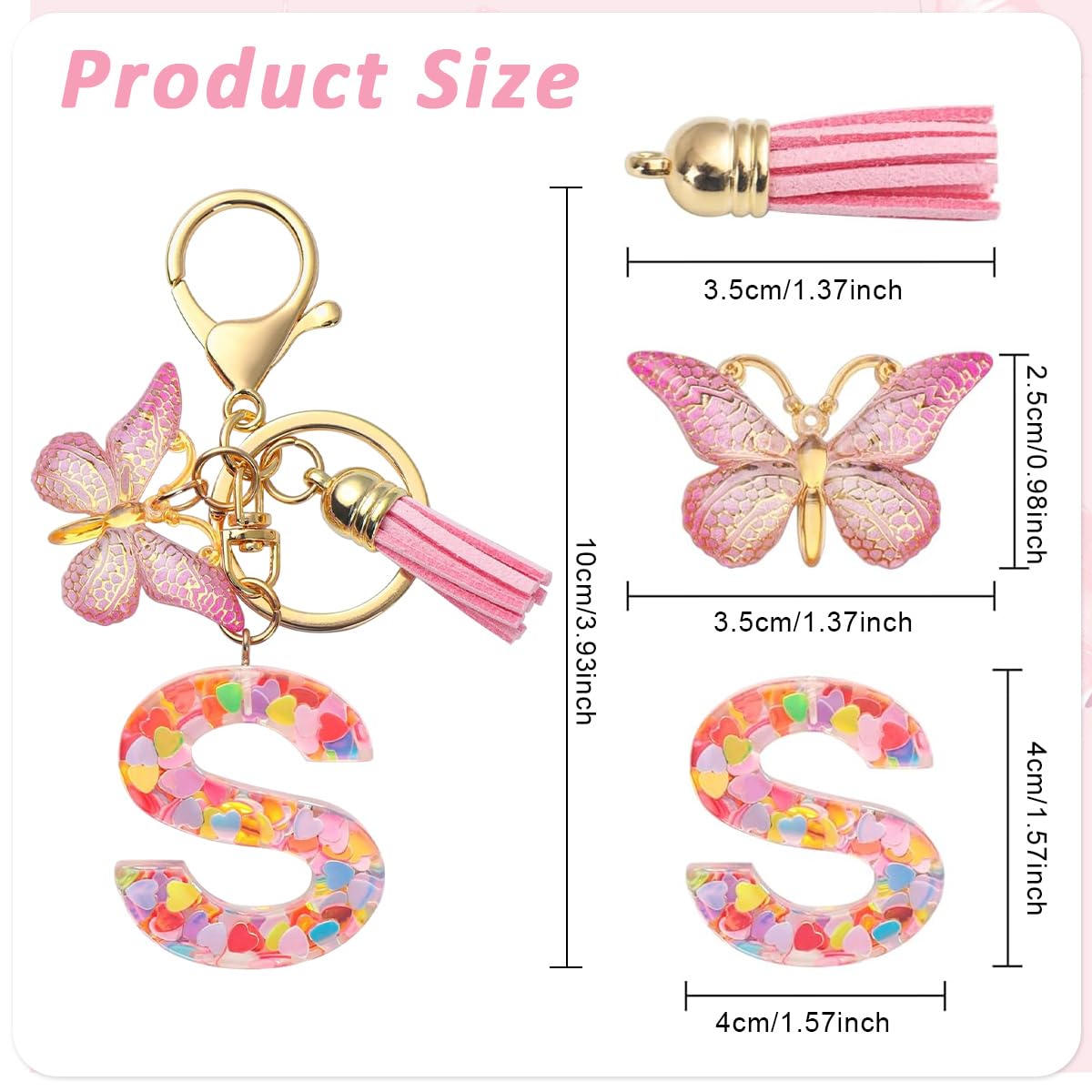 ZIBUYU Letter S Keychain for Bags and Backpacks with Clear Resin Sequins | 3 PCS Pink Butterfly Charm Gift for Girls