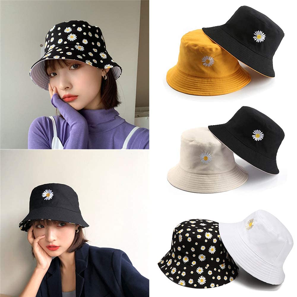 PALAY® Bucket Hats for Women Little Daisy Print Cotton Fisherman Beach Hats Foldable Reversible Bucket Outdoor Casual Summer Sun Hat for Ladies Girls Cap (Black)