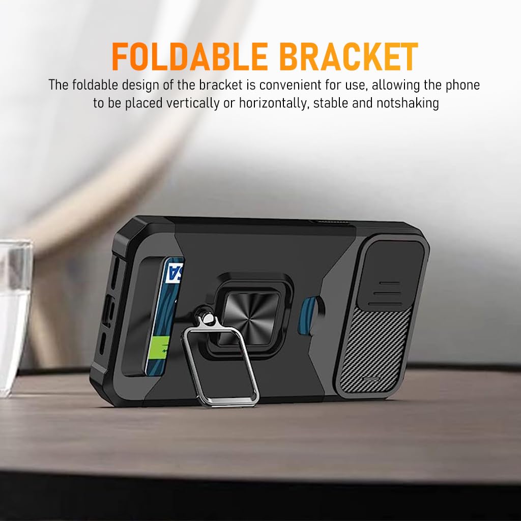 ZORBES Phone Case for iPhone 14 with Folding Ring Grip and Sliding Camera Cover | Black TPU Anti-Scratch Card Slot Design