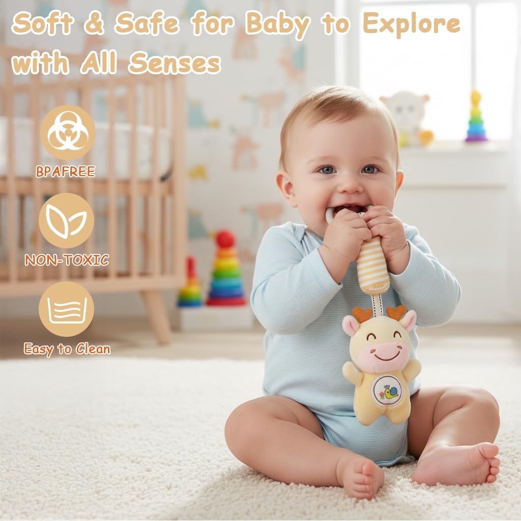 SNOWIE SOFT Baby Toys for 6 to 12 Months featuring Plush Deer Rattle with Open Ring Clasp