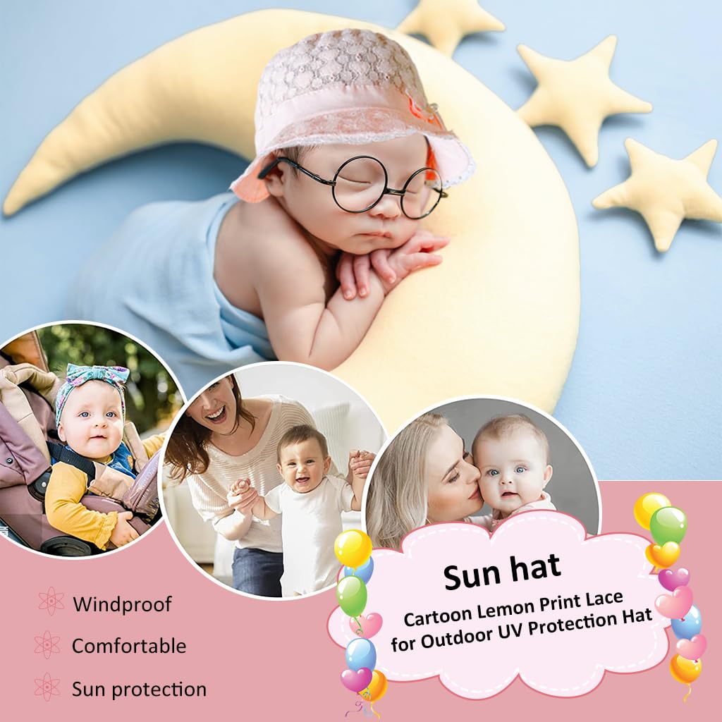 SNOWIE SOFT® Baby Cap 6-12 Months, Adorable Sun Cap for Baby Girl, Summer Hat with Strap Bucket Hat Cute Bow Tie Lace Sun Hat Travel Sun Hat for New Born Baby, Pink