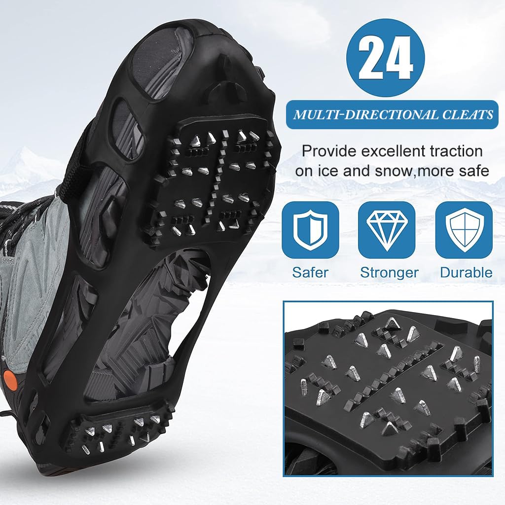 Proberos® 1 Pair Ice Cleats for Shoes 24 Manganese Steel Spikes Design Ultra Strong Traction Anti-skid Ice Cleats with Fasten Straps Ice Cleats Outdoor Ice Cleats for Walking, Trekking, Hiking, M