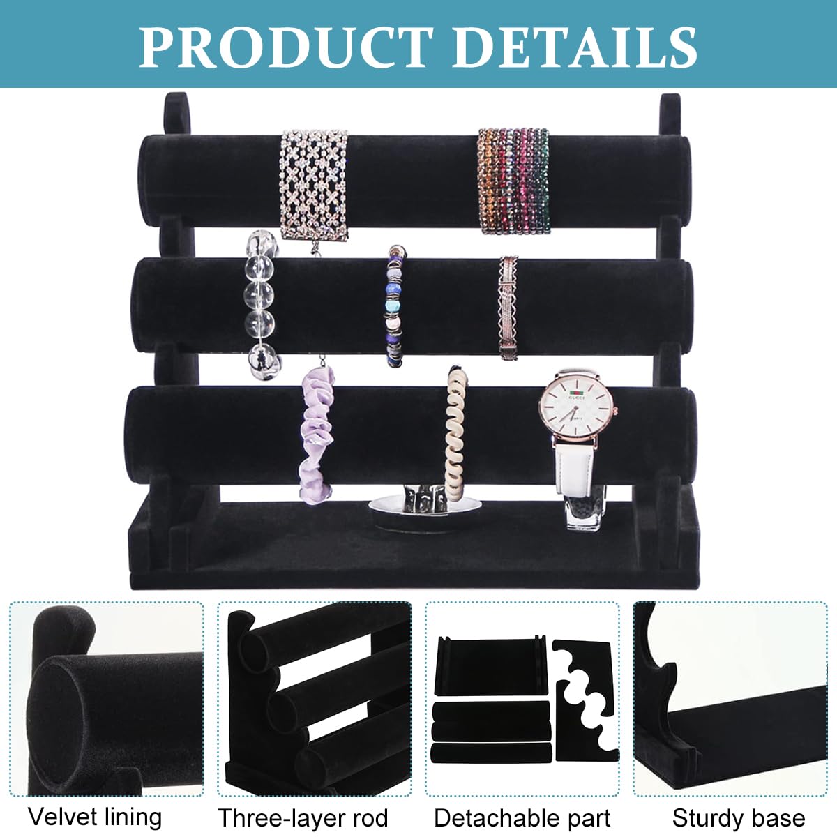 MAYCREATE® Bracelet Organizer 3-Tier Bracelets Holder Jewelry Display Stand for Watch, Bangle, Bracelet - Detachable Velvet Desk Showcase Storage Rack, Black