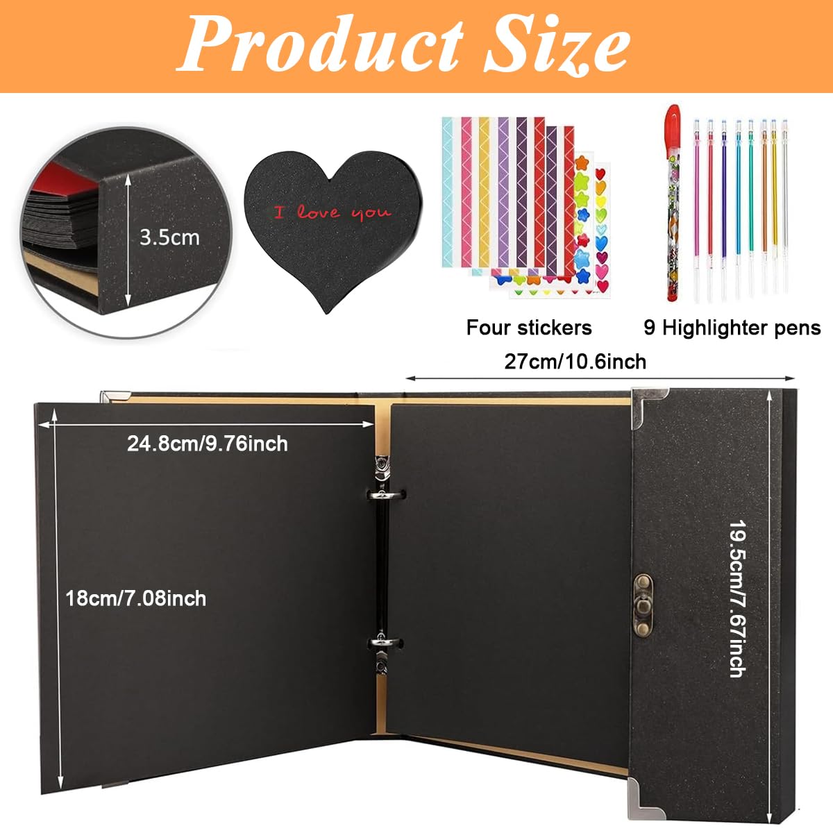 HASTHIP Romantic DIY Scrapbook Album for Weddings and Anniversaries with 30 Black Pages | Heart Shaped Cover Holds 120 7 inch Photos