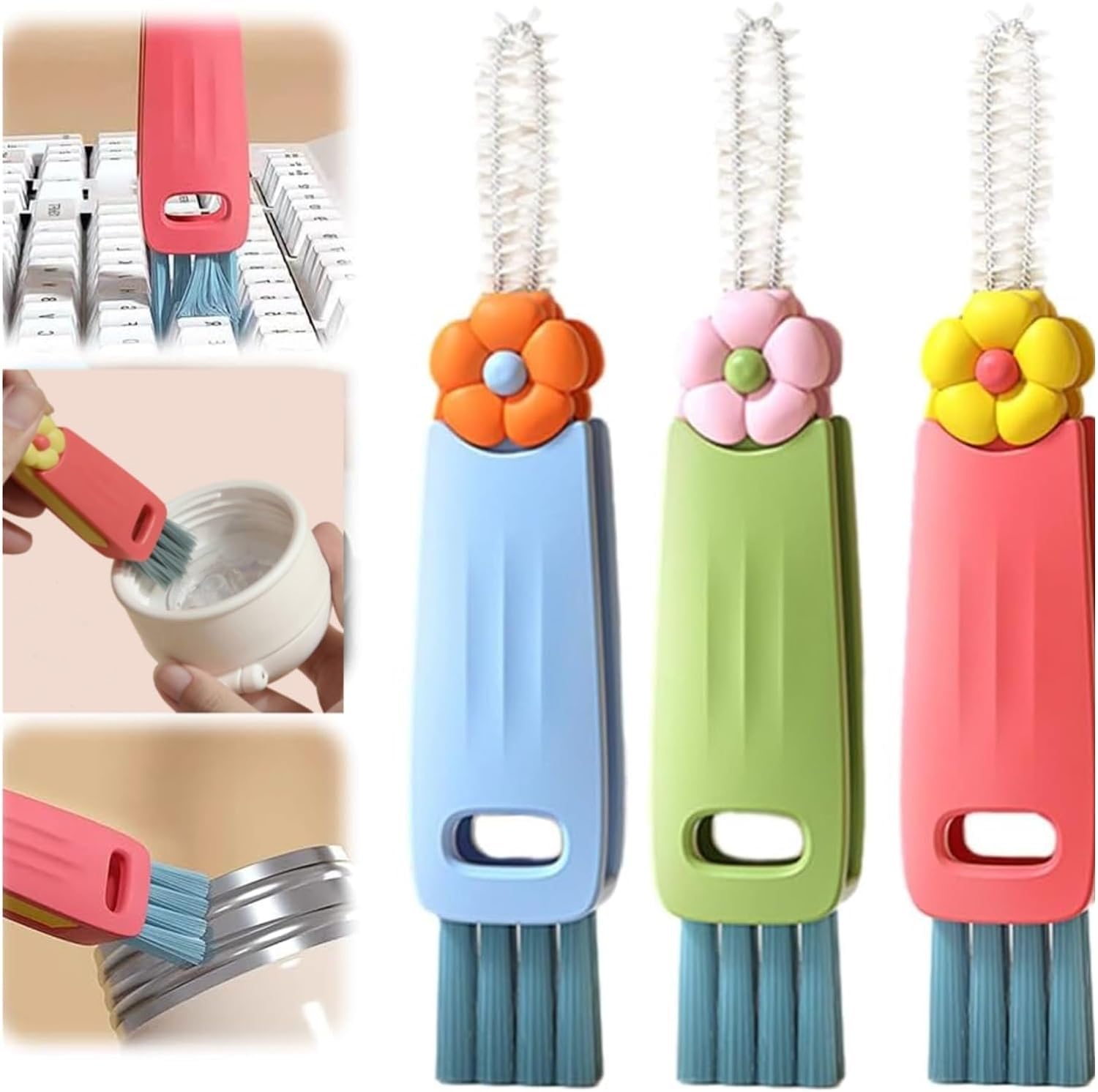 HASTHIP Bottle Cleaning Brushes 3 Pcs for Water Bottles with Dual Head Design and Folding Pry Tool | Cute Flower Style