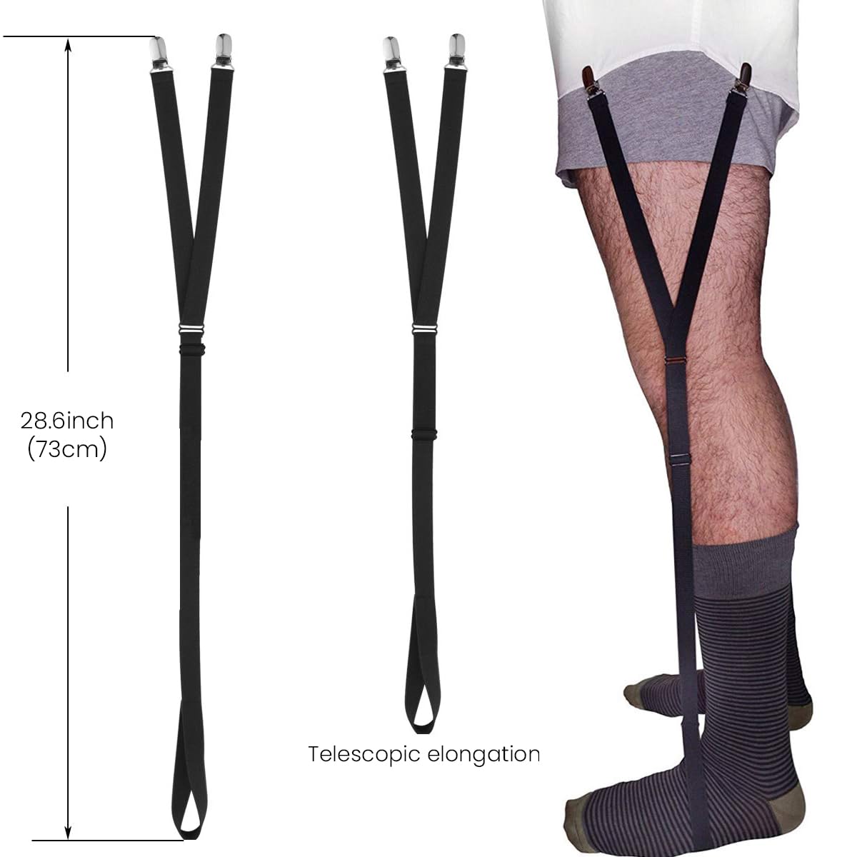 GUSTAVE Shirt Stays for Men with Dual Clip Strap and Foot Loop | 1 Pair Black Elastic