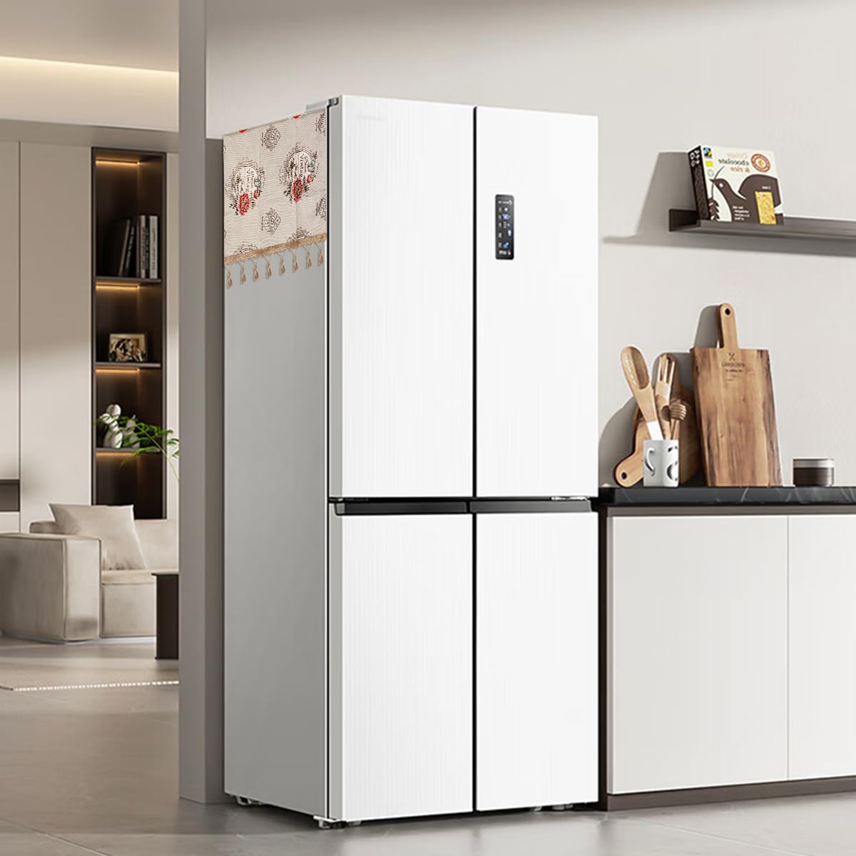 HASTHIP Refrigerator Cover for Double Door Fridge 26.3x55 in with Side Pockets and Tassel Design