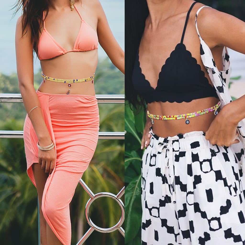 PALAY Waist Chain for Women with Elastic 43.3in Fit and Color Beads | 12Pcs Bohemian Set