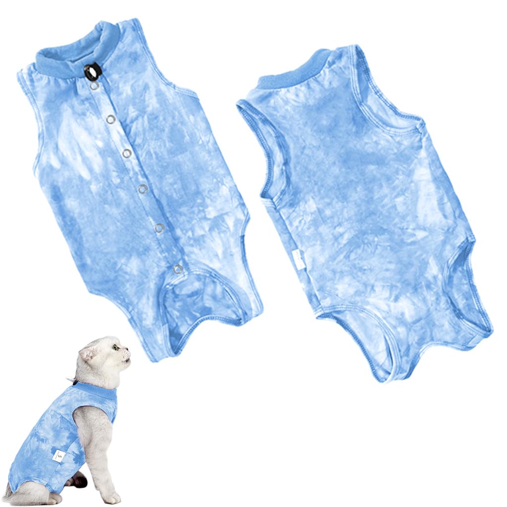 Qpets® Cat Clothes, Kitten Clothes for Cats Recovery Suit After Surgery for Abdominal Wounds, Fashion Blue Tie-dye Cat Clothes for Summer Cat Everyday Clothing Sterlization Suit (M, Blue)