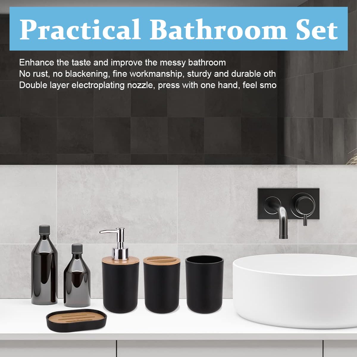 ZIBUYU Bathroom Accessories Set for Modern Decor with Matte Black Finish | 4 Piece Plastic and Bamboo Organizer