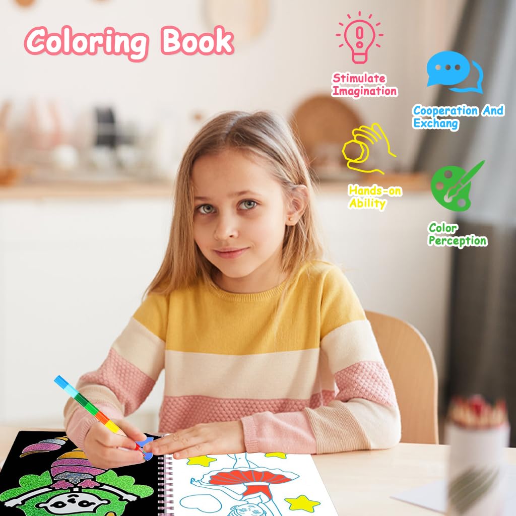 PATPAT DIY Foil Art Coloring Book for Kids with 16 Cartoon Patterns and 80 Glitter Foil Papers | Includes Scratching Stick and 8 Color Pen