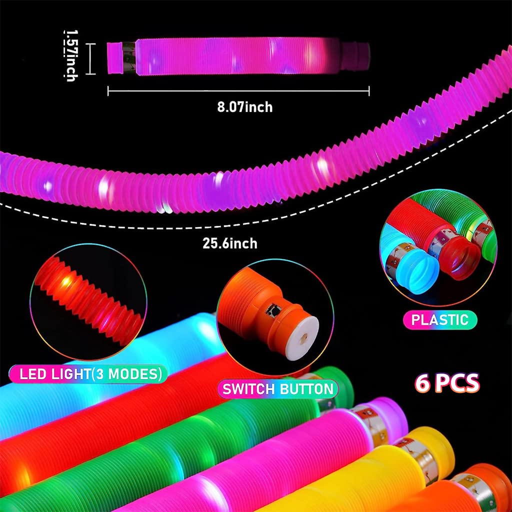 PATPAT® 6Pcs LED Flashing Pop Tube Sensory Toys for Kids, Pull and Pop Tubes Fidget Toy, Color Glow Fidget Toy Adults Stretch and Bend Anxiety Stress ADHD Autism Relief Toys, Party Favors