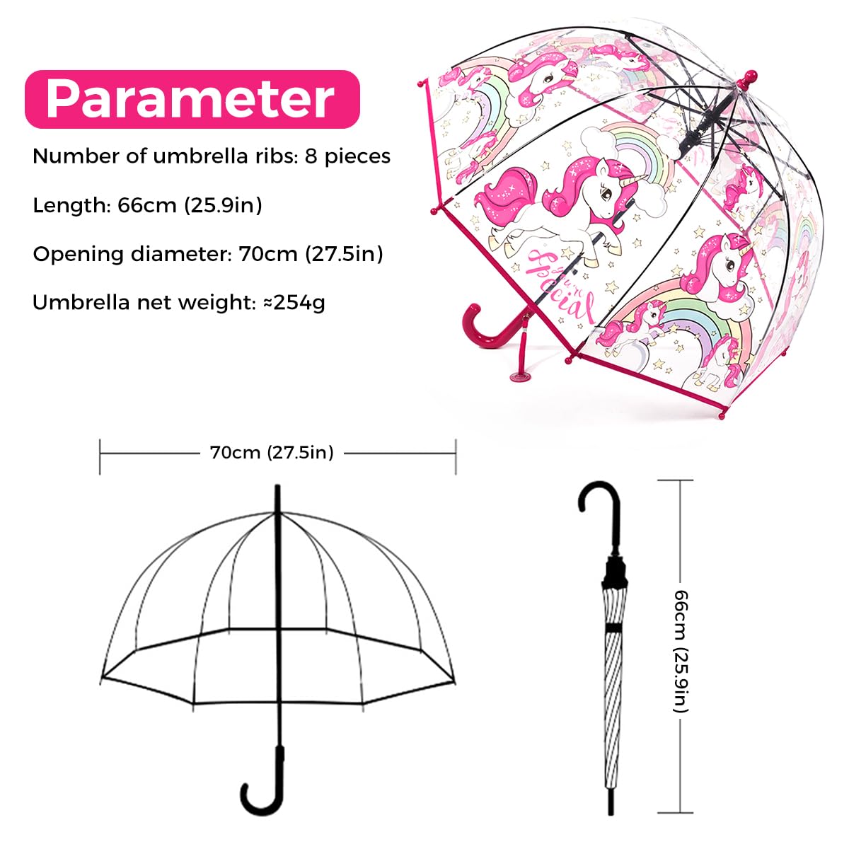 PATPAT Kids Umbrella for Rain with 70 cm Dome and 8‑Rib Glass Fiber Frame | Unicorn Design