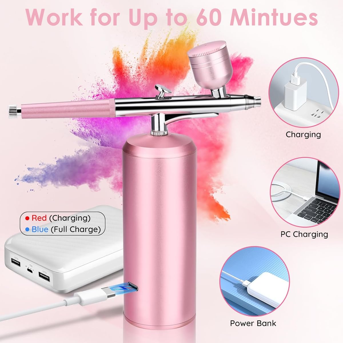 HANNEA Cordless Airbrush Kit for Painting and Makeup with 0.3mm Nozzle and LCD Display | Pink