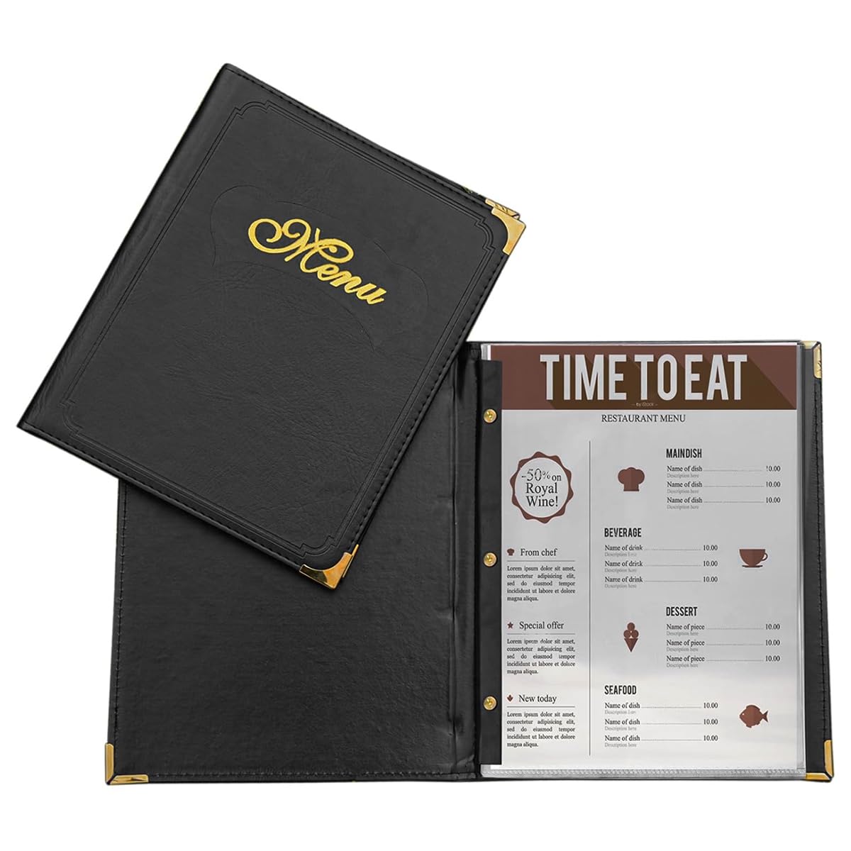 Serplex® Menu Cover High Class Leather Hard Cover Menu Cover with Golden Corner Protectors A4 Size 7-Sheet Double Side Transparent PVC Menu Cover Oil-proof Menu Cover, 12.6x9.8 inches