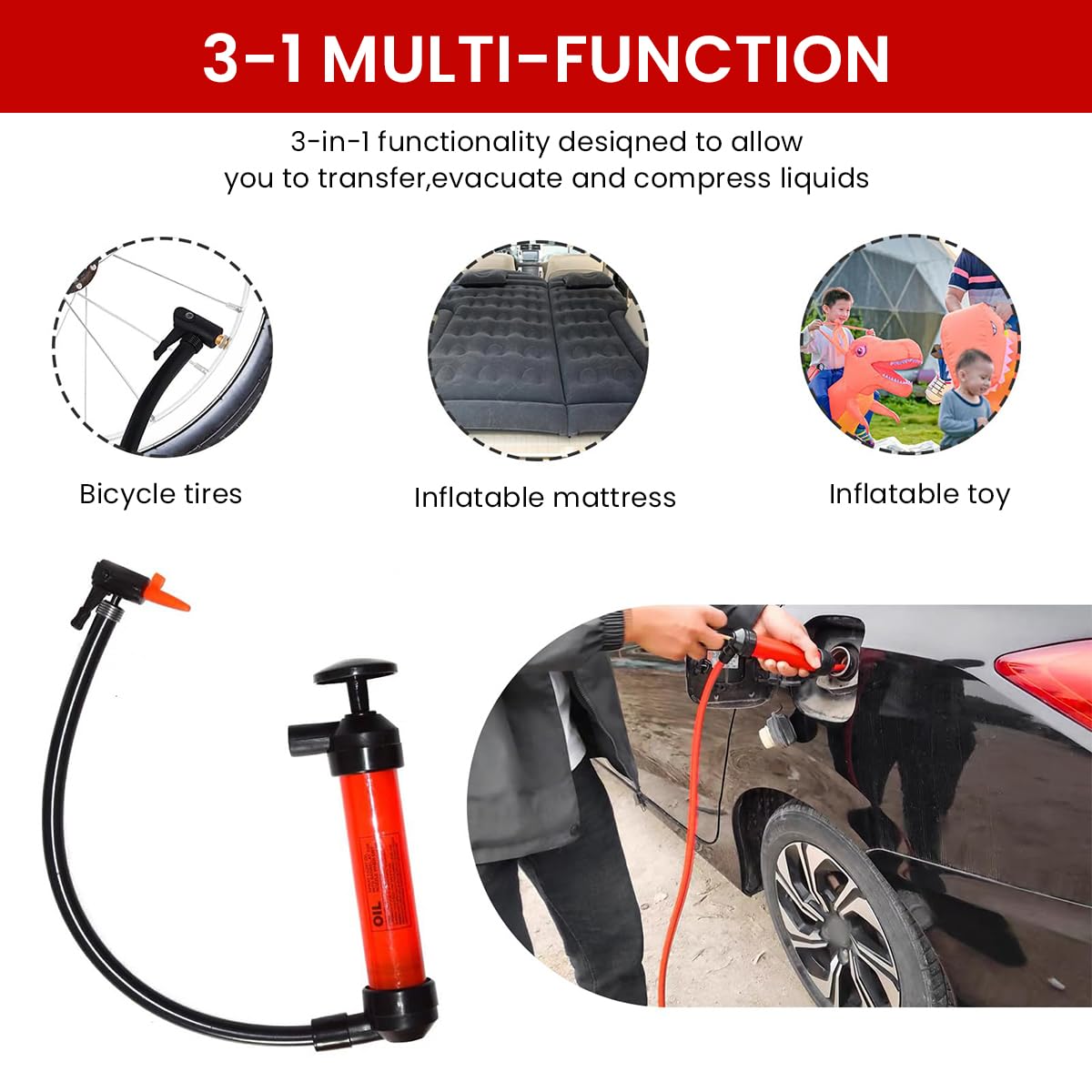 STHIRA® Fuel Pump Fuel Injector 2 in 1 Fuel Pump Manual Air Pump with Interchangeable Fuel Hoses, Airline Hose, Air Valve Connector, Adapters & Nozzle Multi Purpose Manual Fuel Pump for Fuel Transfer