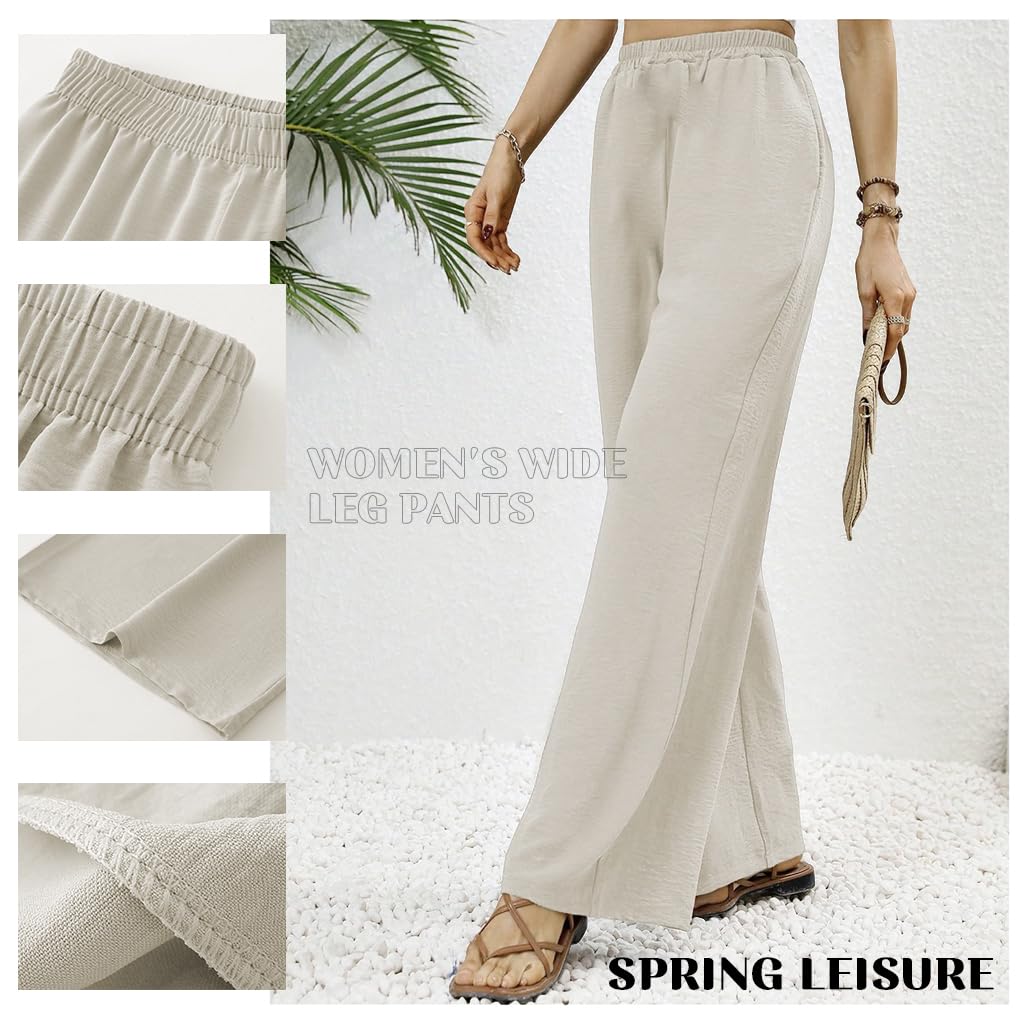 SANNIDHI Women High Waisted Wide Leg Pants for Summer with Elastic Waist and Flowing Tuck Design | Elegant Beige Palazzo Trousers