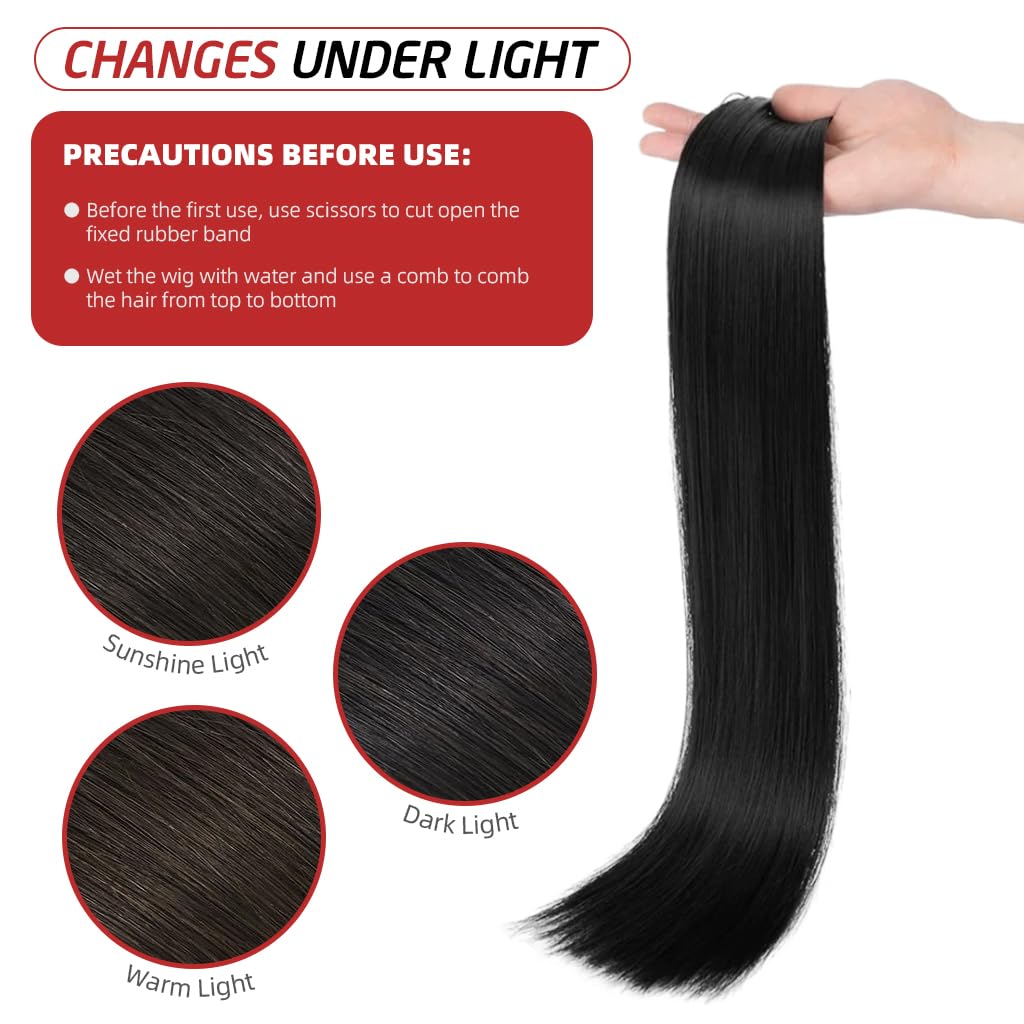MAYCREATE Hair Extensions for Women with 7 Clip Pieces 22 in Straight Synthetic Fiber | Natural Black Seamless Volume