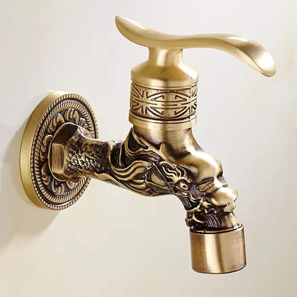 HASTHIP® Tap For Bathroom, Retro Wash Basin Faucet Bathroom Wall Mount Faucet Outdoor Garden Hose Single Cold Tap For Garden Kitchen Bathroom, Zinc Alloy Vintage Carved Pattern (4Inch), Polished