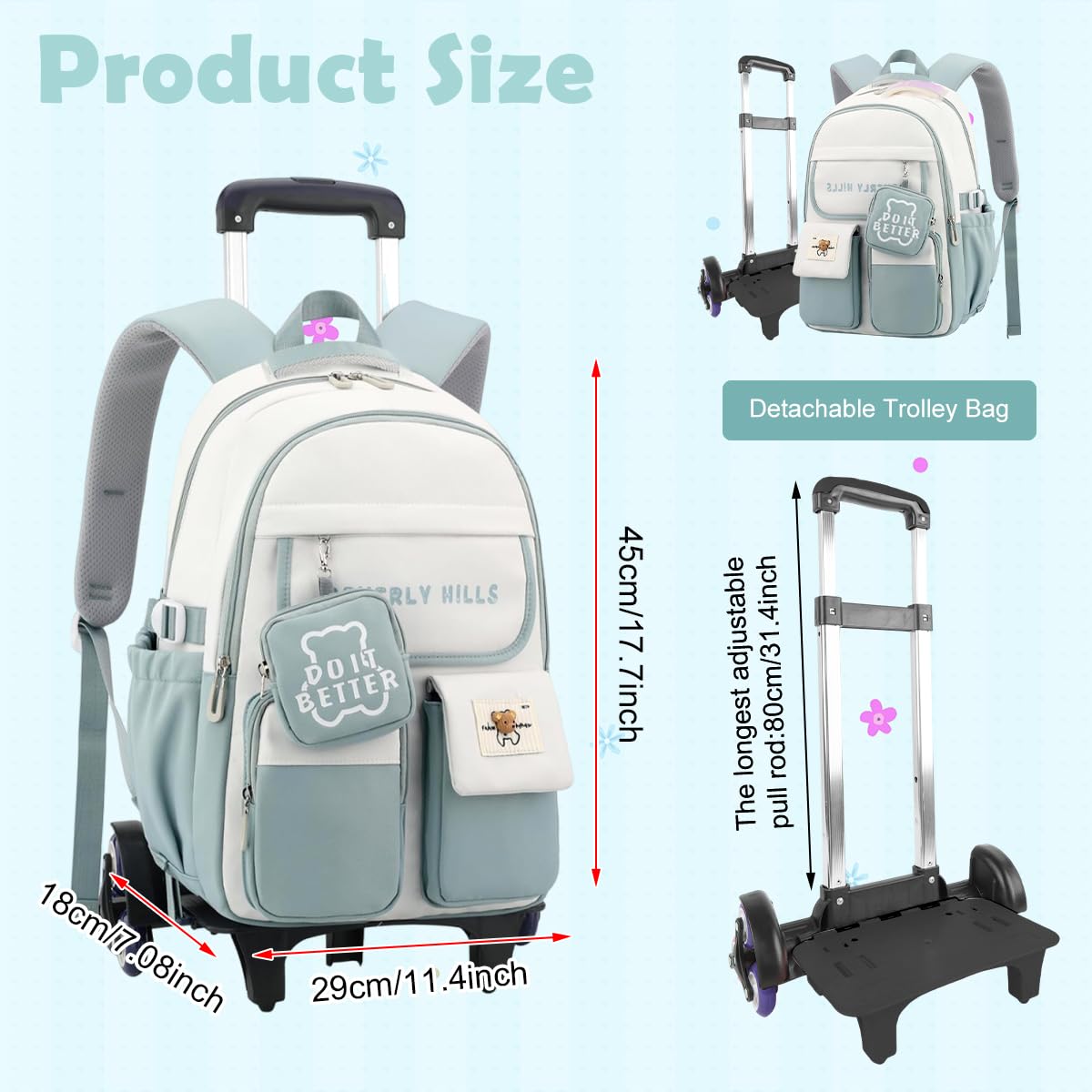 PALAY School Backpack for Girls with Wheels featuring 6‑Wheel Trolley & Retractable Handle