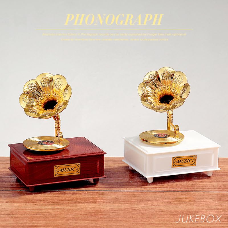 HASTHIP® Retro Mini Gramophone Music Box Desk Decor, Vintage Style Record Player Ornament with Turntable, Classic Home Decoration Gift for Music Lovers
