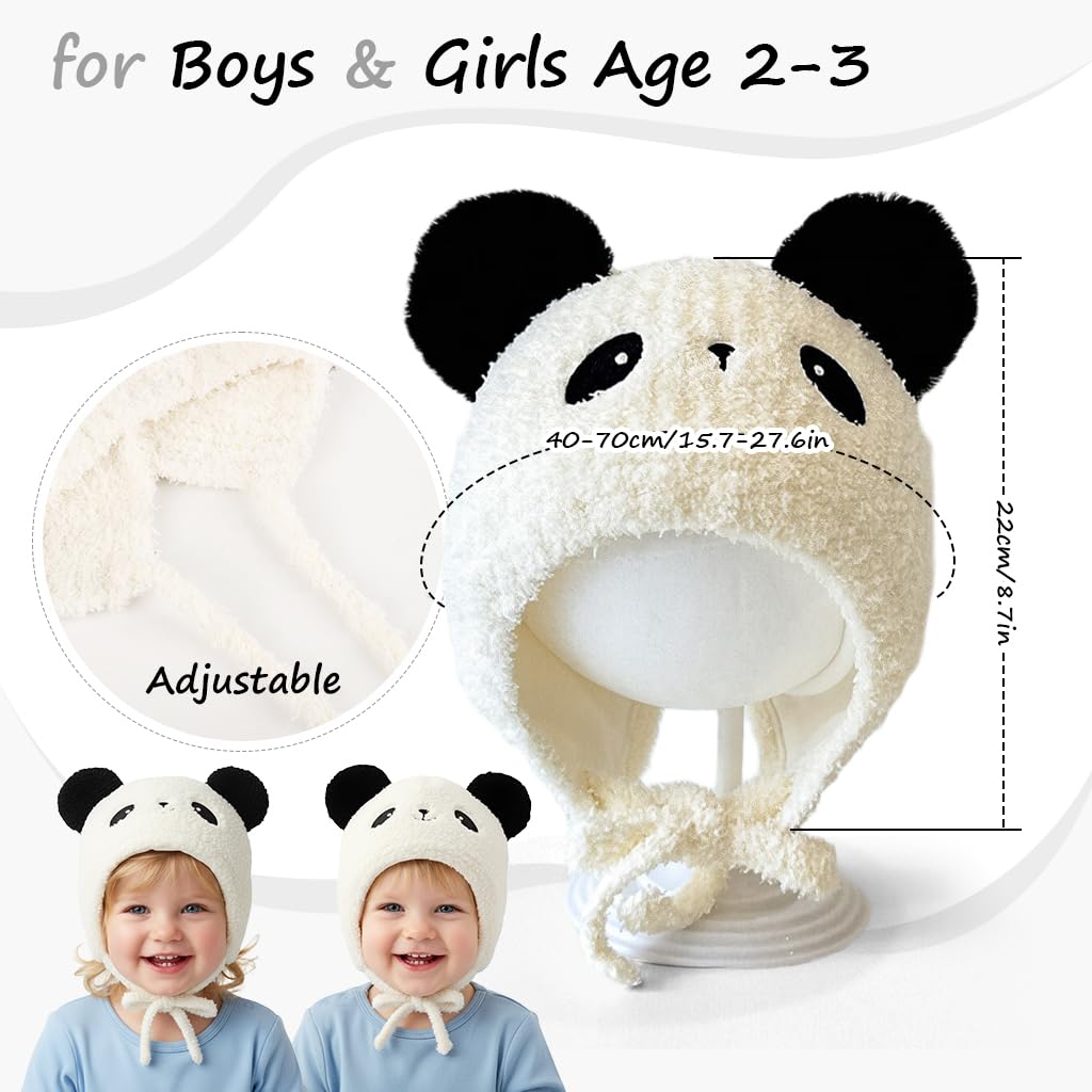 SNOWIE SOFT Panda Baby Winter Cap for 6–36 Months with Chin Strap and Plush Ears | Warm Knitted Beanie for Outdoor Use