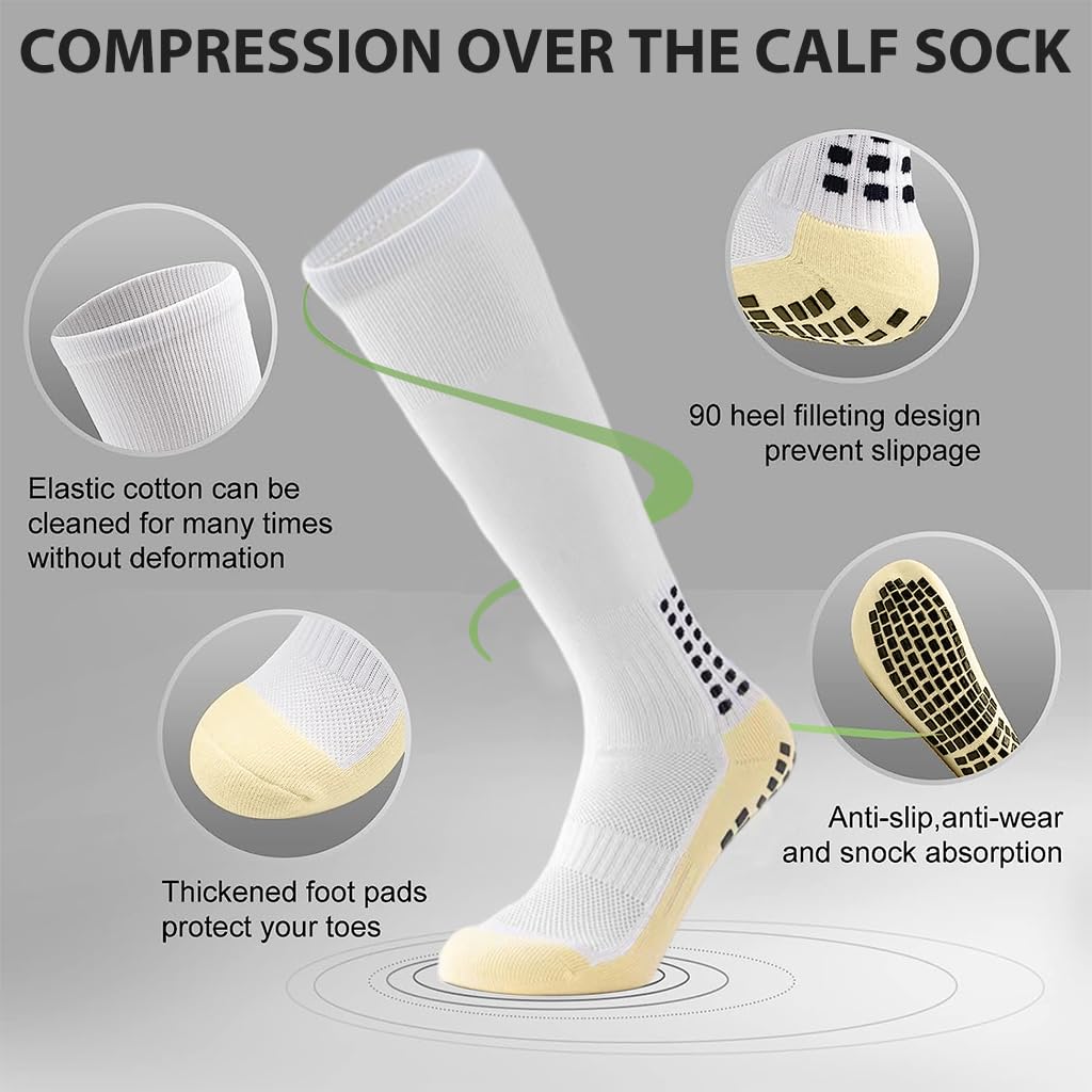 Proberos Football Socks for Running and Training with Non Slip Rubber Dots and Calf Compression | Breathable Cotton White Pair for Men and Women