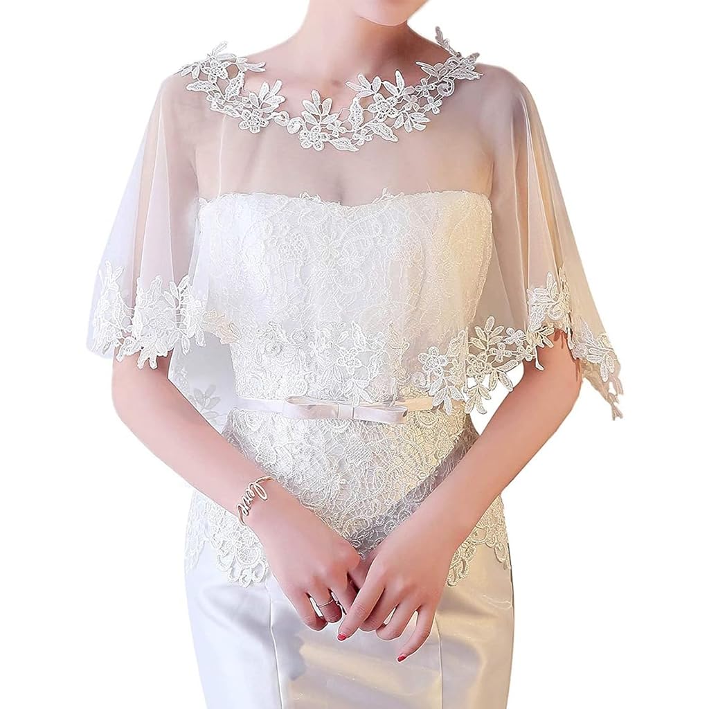 PALAY® Sheer Lace Shawl Elegant White Lace Evening Dress Wrap Shawl Bridal Cape Cover Up Shawl Bridal Shawl Embroidery Floral Edge Lace Shawl for Dresses, Off-Shoulder