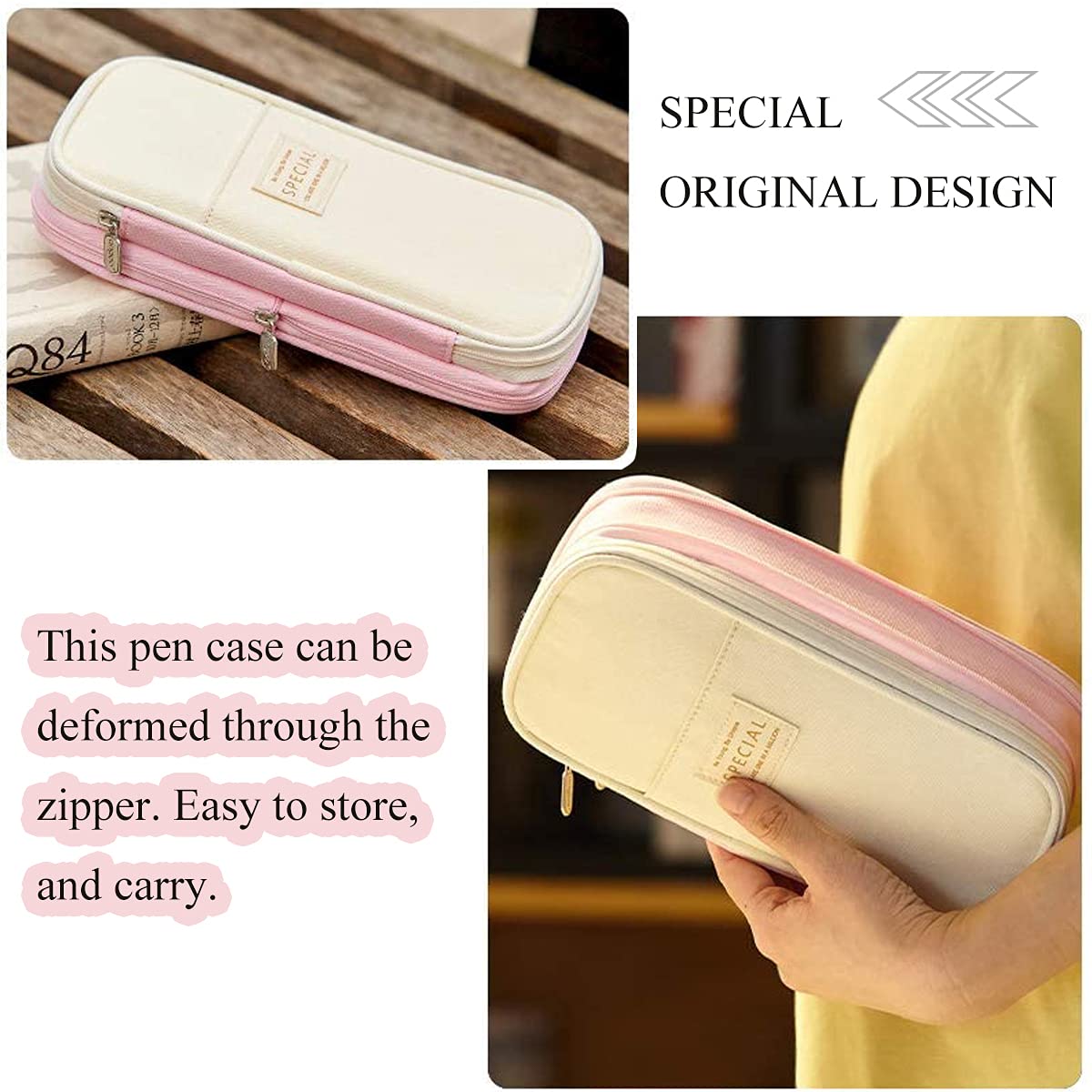 HASTHIP Large Capacity Pencil Case, Durable Storage Multiple Compartment Double Zipper Portable Capacity Pencil Pouch for College Student Teen, 22x11cm (Pink)