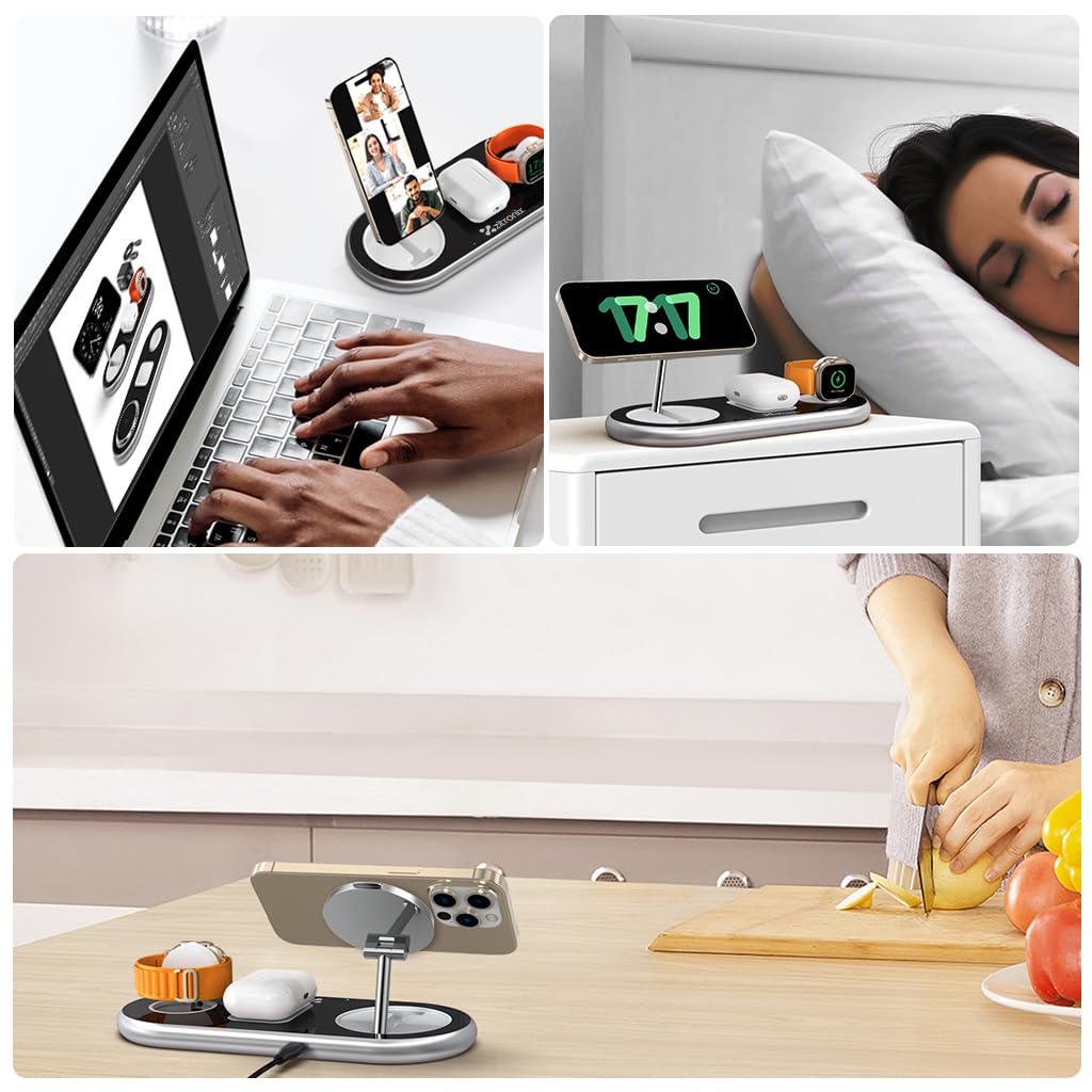 zitronix 3 in 1 Wireless Charger for iPhone iWatch and AirPods with 15W Power | Folding Magnetic MagSafe Stand for Travel