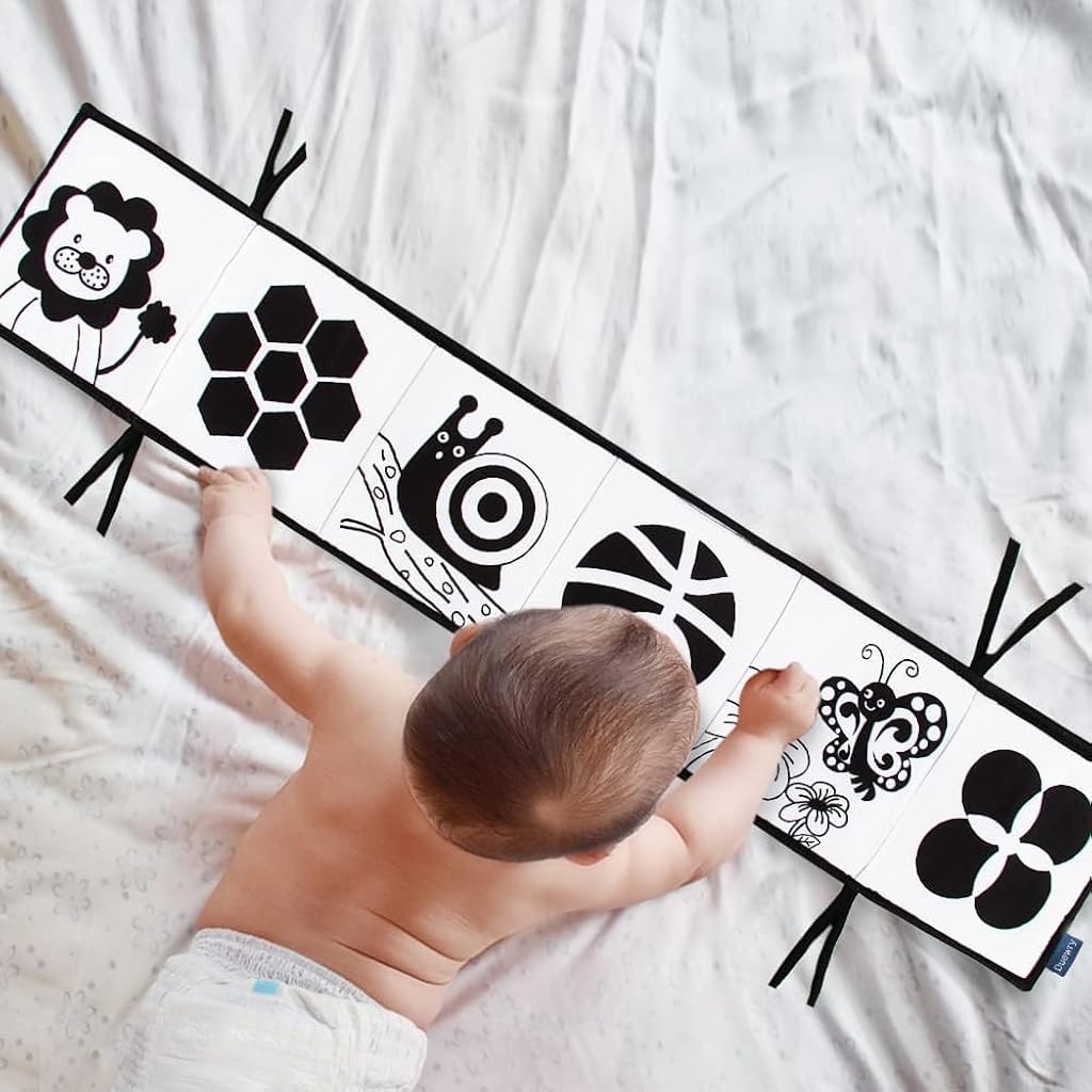 SNOWIE SOFT® Black White Cloth Book High Contrast Baby Toy for 0 to 12 Month Infant Tummy Time Folding Sensory Educational Activity Touch Feel Crinkle Waterproof Toddler 2PCS