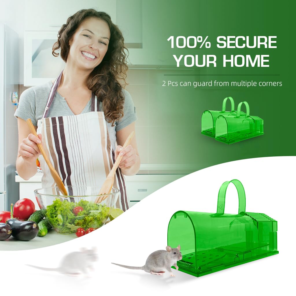 HASTHIP 2 Piece Large Mouse Trap with Handle - 7.9 Inches Green Large Rat Trap - No-retreat Spring loaded Door Mouse Trap - Humane Mouse Trap - Easy to Set Up - Mouse Catcher Reusable