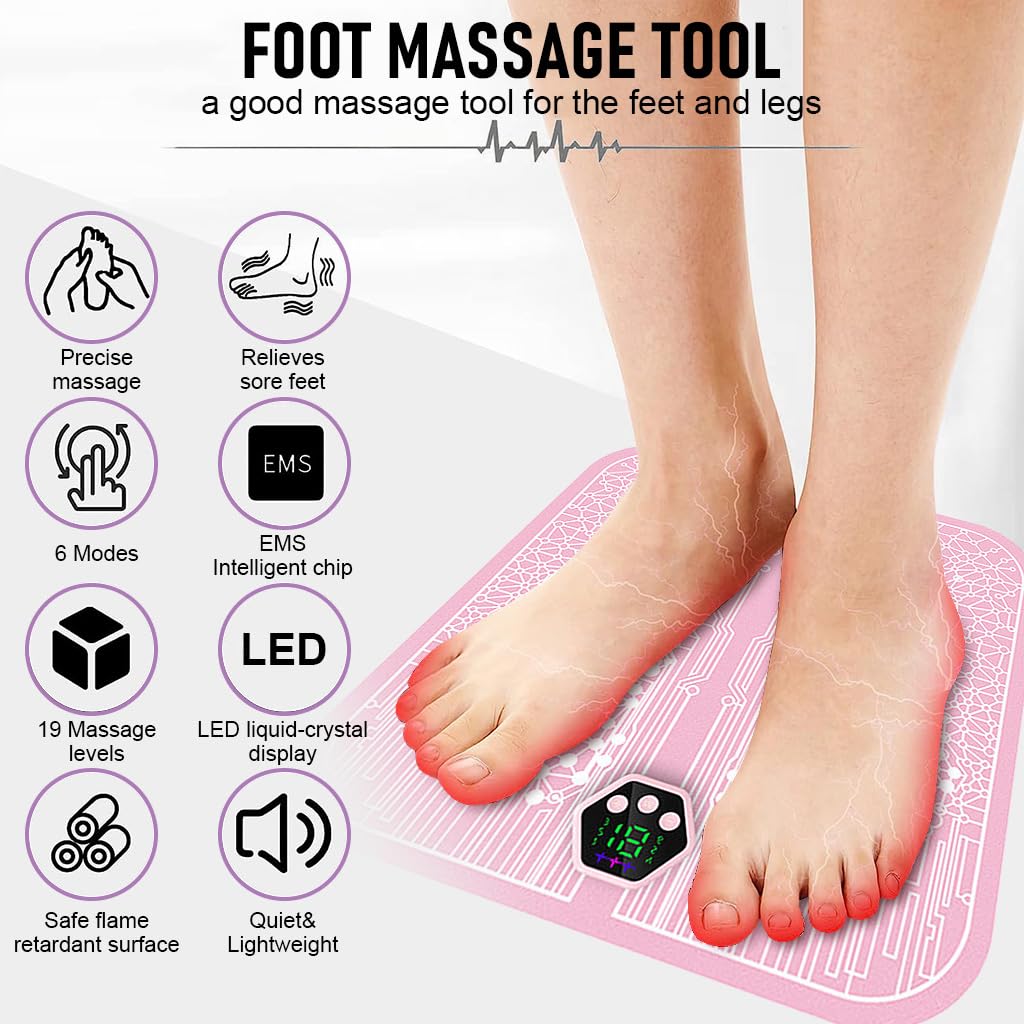 HANNEA® Foot Massager for Pain Relief, EMS Foot Massage Pad, Electric Portable Wireless Rechargeable Massager Pad with 6 Modes, 19 Strength Levels (Pink)