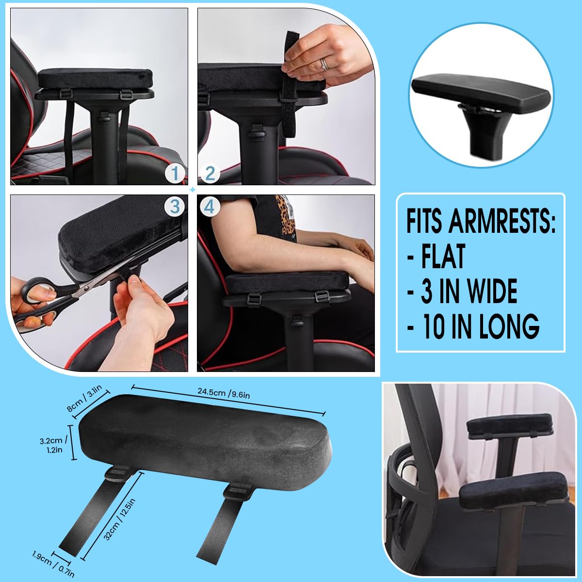 HASTHIP® 2Pcs Chair Armrest Pad Soft Memory Foam, Armrest Covers Provide Elbow Cushioning and Relieve Pressure, Quick Release Buckle, Anti-Slip Design, Thick Elbow Support for Office & Gaming Chairs